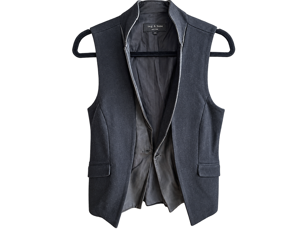 rag & bone Longline Weste • Schwarz • Lederbesatz • Made in USA • Gr. 8 (M)