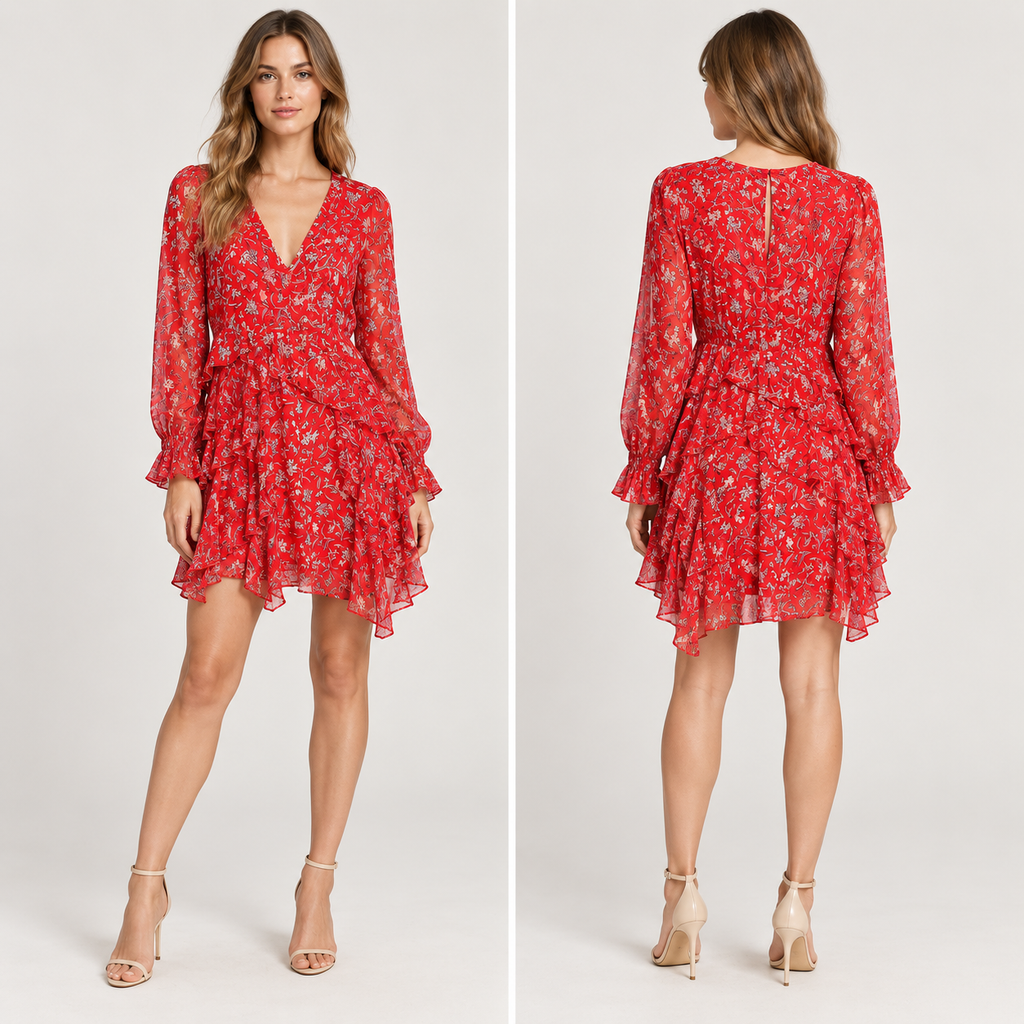 IRO Paris Kleid • Modell Beaumont • Rot Floral • Langarm • Gr. 40